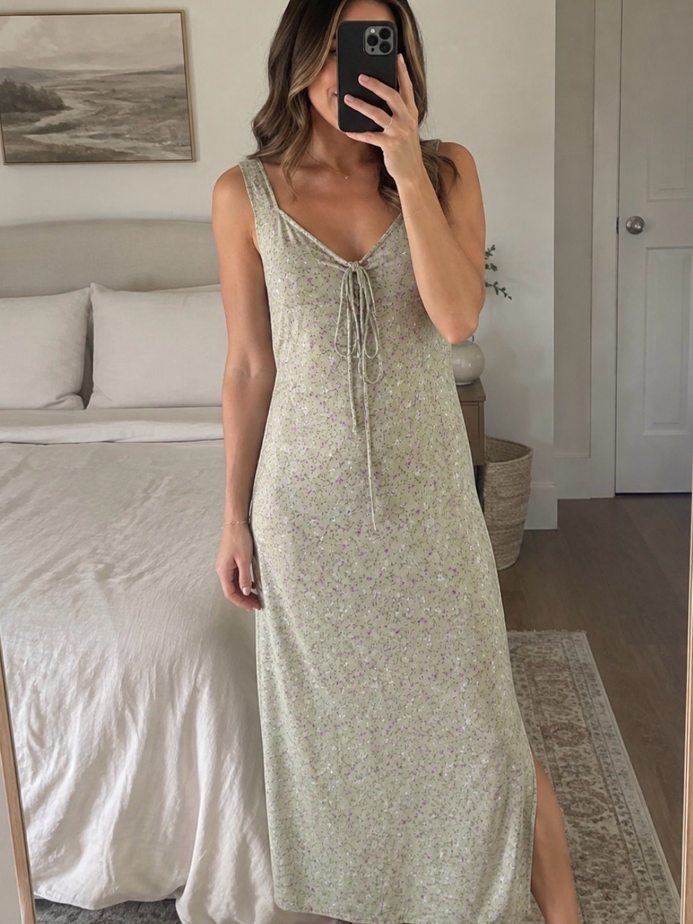 Motel Rocks Olive Floral Lace-Up Slip Dress with Purple Blossoms y2k preppy
